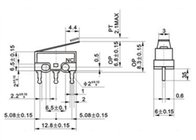 Dimensions (in mm) of mini snap-action switch with 13.5mm lever 3-pin, SPDT, 2A